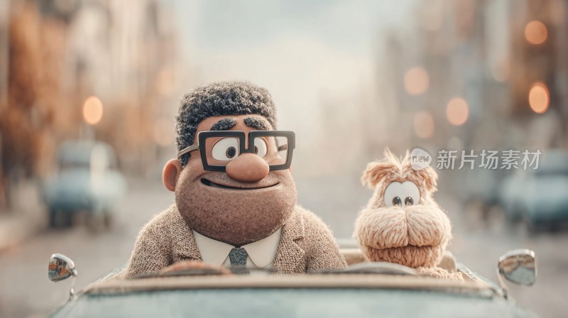 人偶与小狗乘车的温馨画面