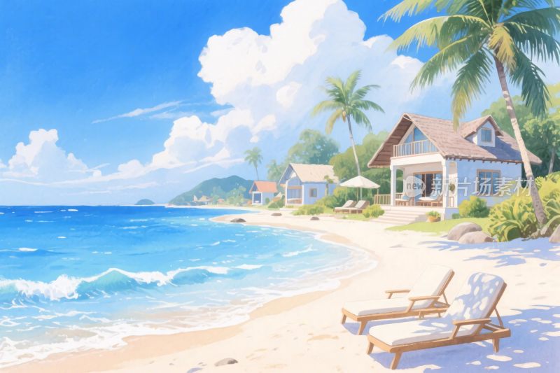夏日海边度假小屋插画