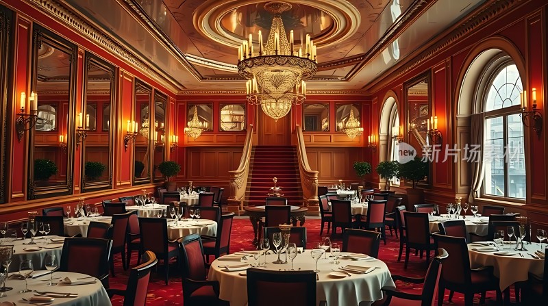 豪华宴会厅红毯铺地金碧辉煌圆桌摆设精美餐具大吊灯璀璨夺目