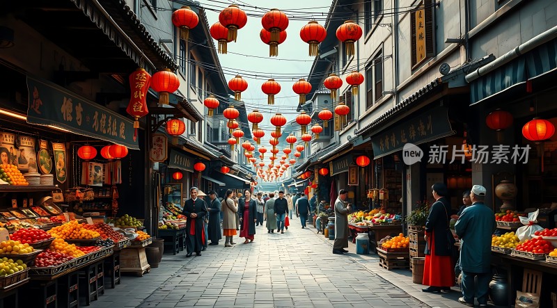 古街市集红灯笼下热闹非凡