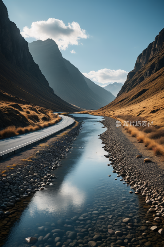 一条河流穿过山谷山脉高清风景图片