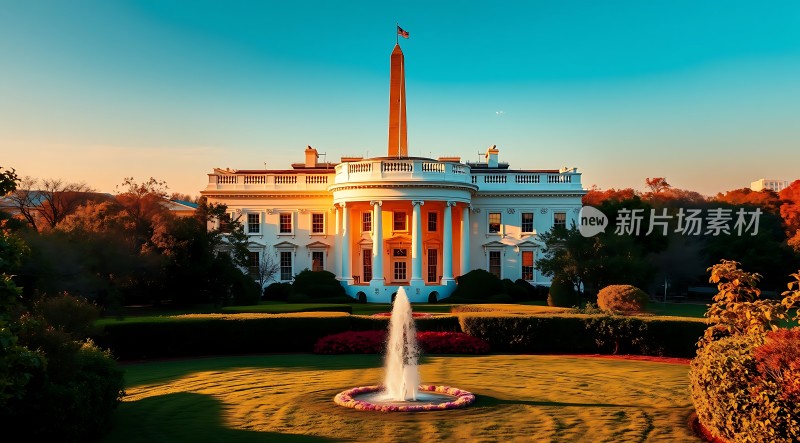 白宫日落美景喷泉与国旗映衬下的宁静夜晚