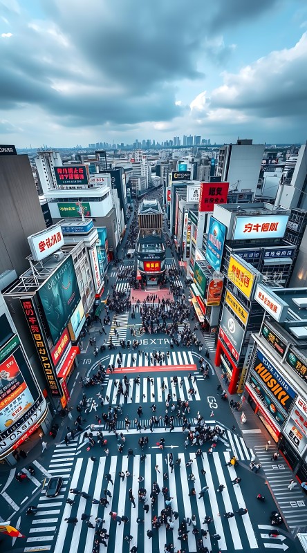 繁华都市街头人群熙攘高楼林立广告牌琳琅满目