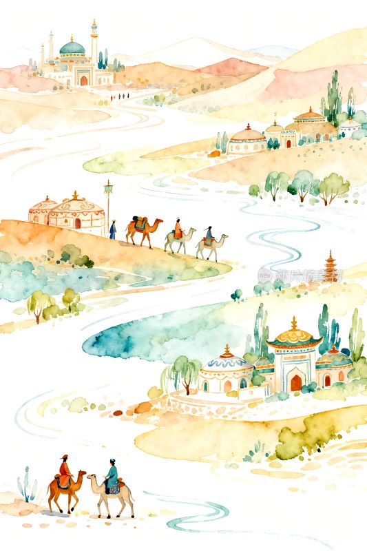 丝绸之路上的驼队与绿洲