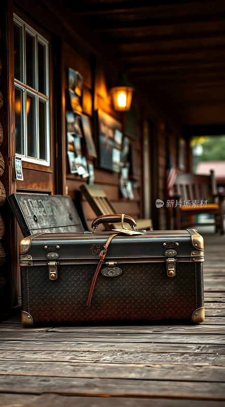 复古旅行箱木屋前的怀旧时光