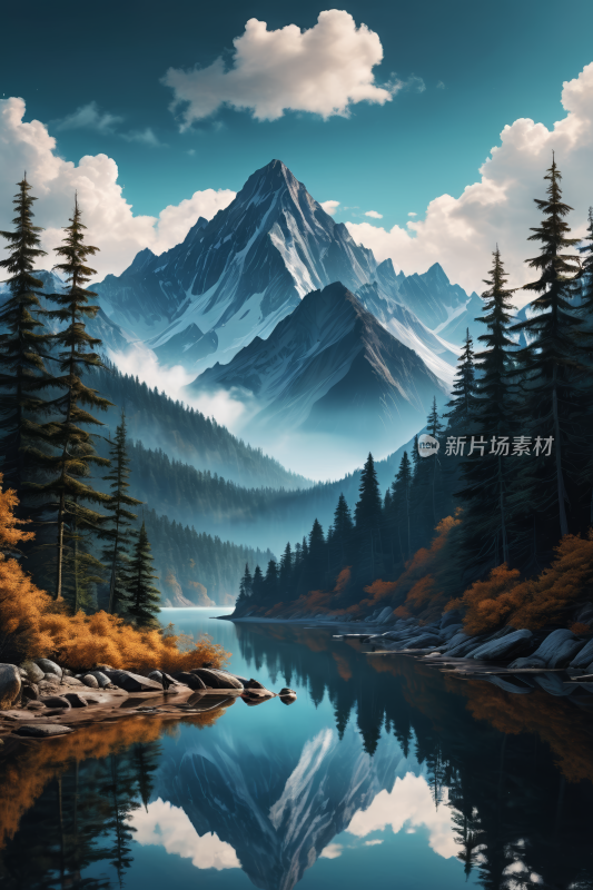 有湖泊和船的山景高清风景插图片