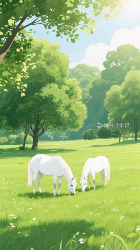 草地上的两匹白马