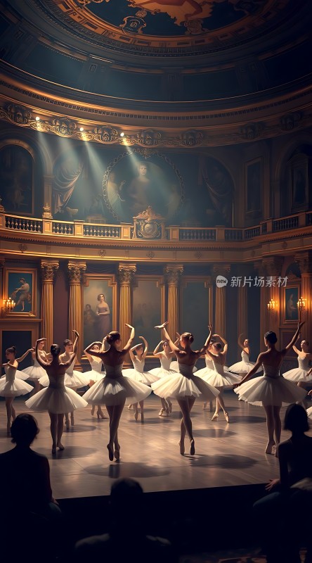 芭蕾舞者优雅起舞华丽大厅光影交错