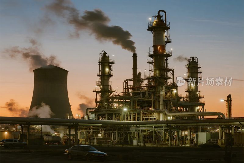 黄昏下的工业炼油厂景象