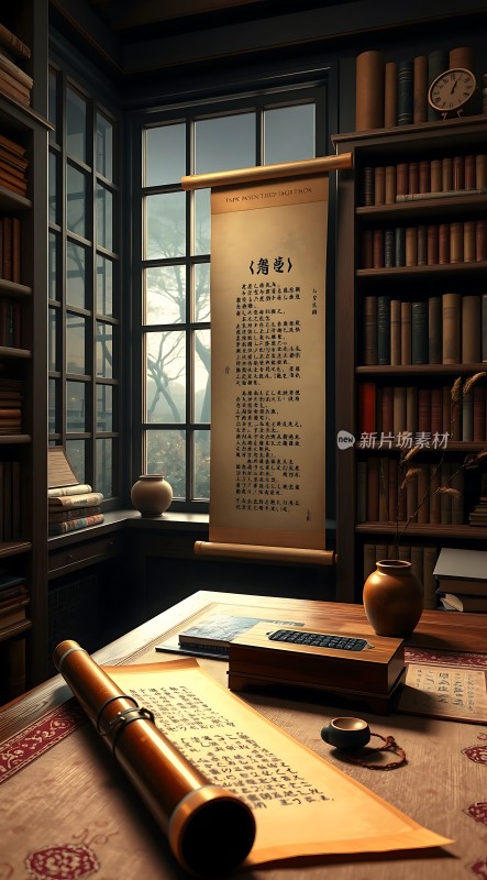 古风书房卷轴书桌静谧时光
