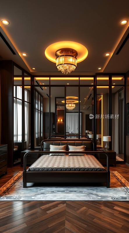 现代卧室设计豪华床铺与镜面墙相映成趣