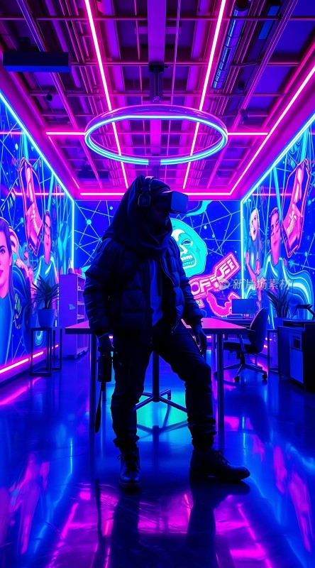 霓虹灯下的虚拟现实世界探索者