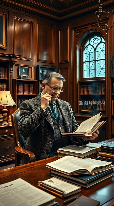 书房里的学者沉浸在书海中