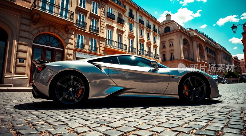 银色跑车停在古老建筑前的街道上