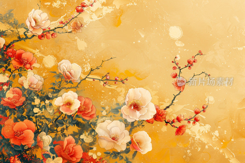 盛开的花朵在暖色调背景中的艺术描绘