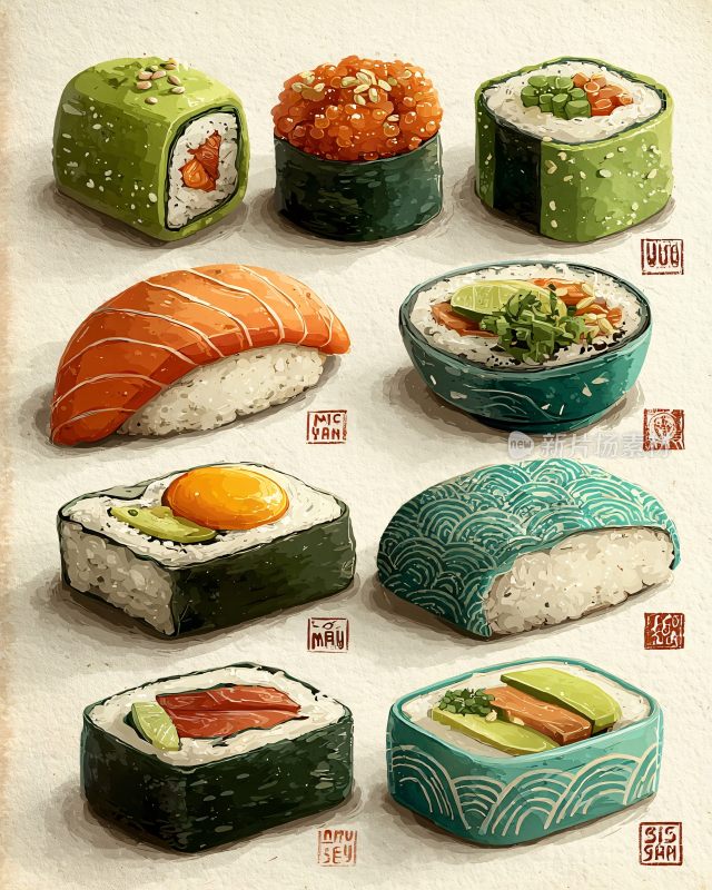 多样精美寿司插画展示