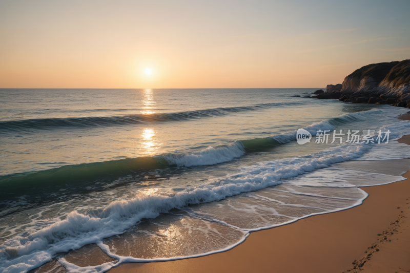 海滩海浪和日落的景色高清风景图片