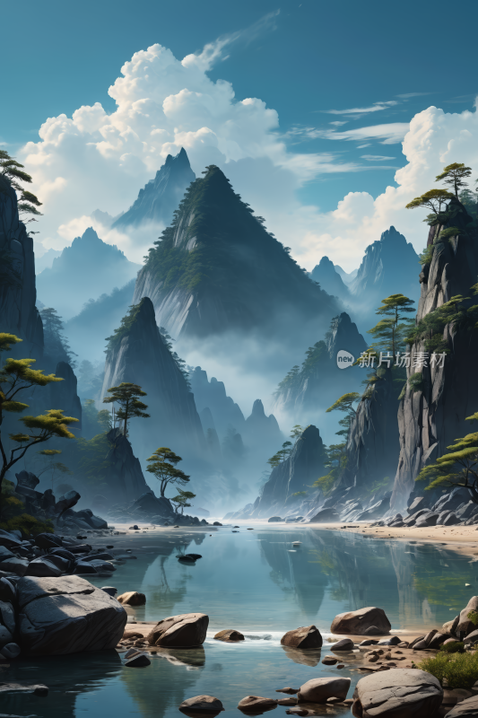 河流和树木的山景高清风景插画插图图片