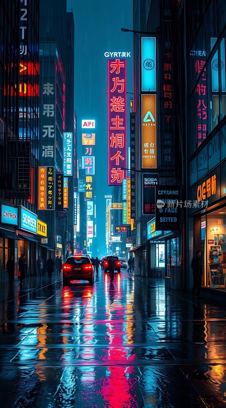 霓虹灯下的雨夜街头