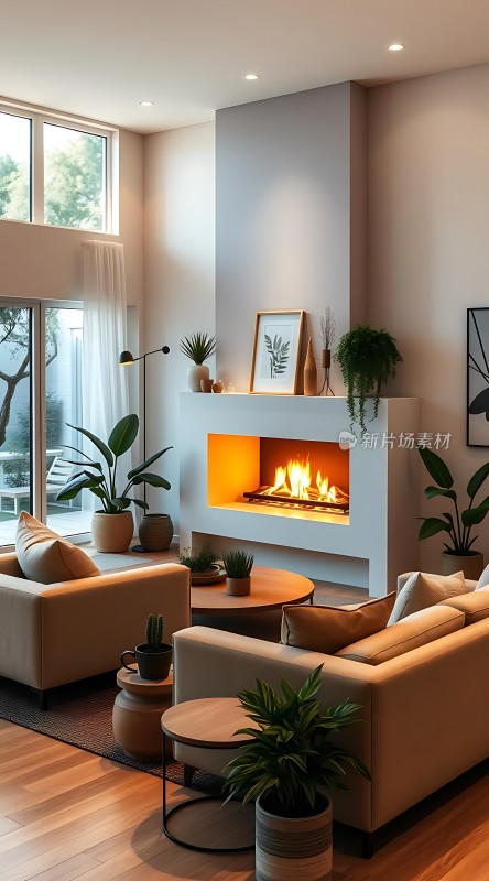 现代客厅设计舒适沙发与壁炉营造温馨氛围