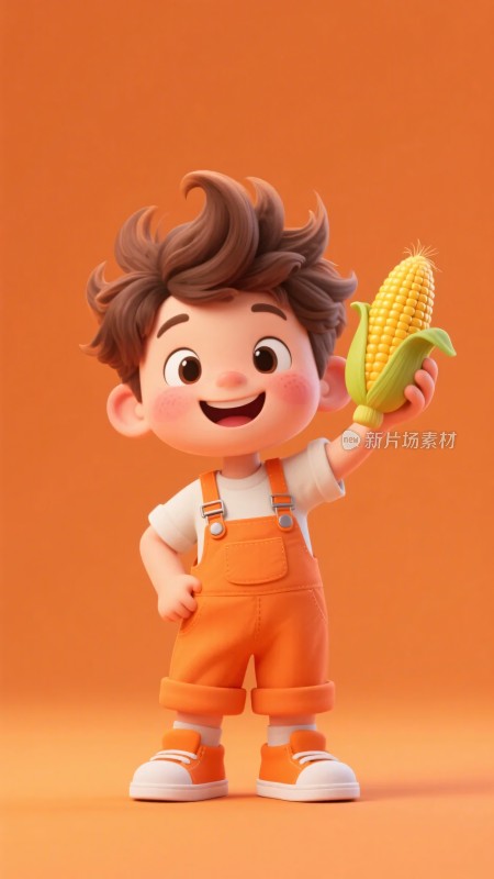 手持玉米的卡通小男孩