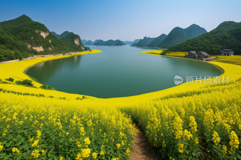 被黄色花朵包围的湖泊的景观高清风景图片