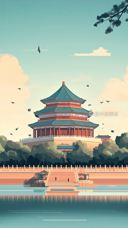 天坛远景与宁静湖水插画插图