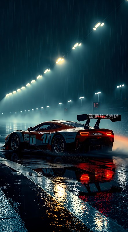 雨夜赛道上的疾驰赛车