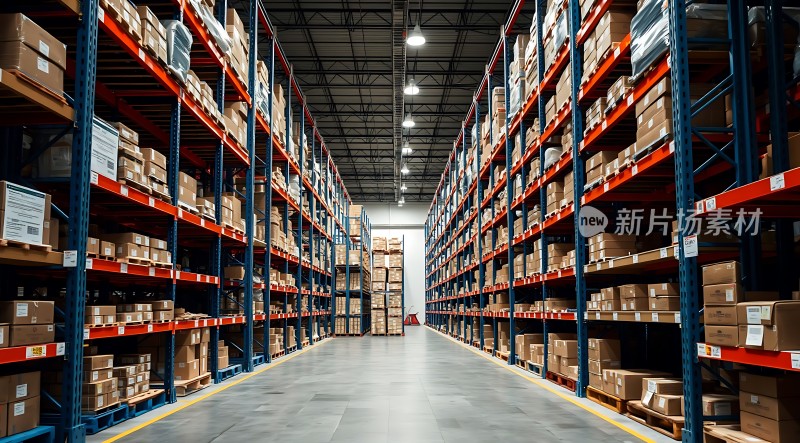 仓库货架整齐堆放货物展现仓储物流效率与秩序