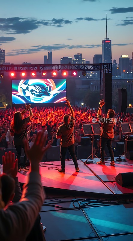 舞台灯光璀璨歌手与观众互动热烈城市天际线为背景的音乐节盛况