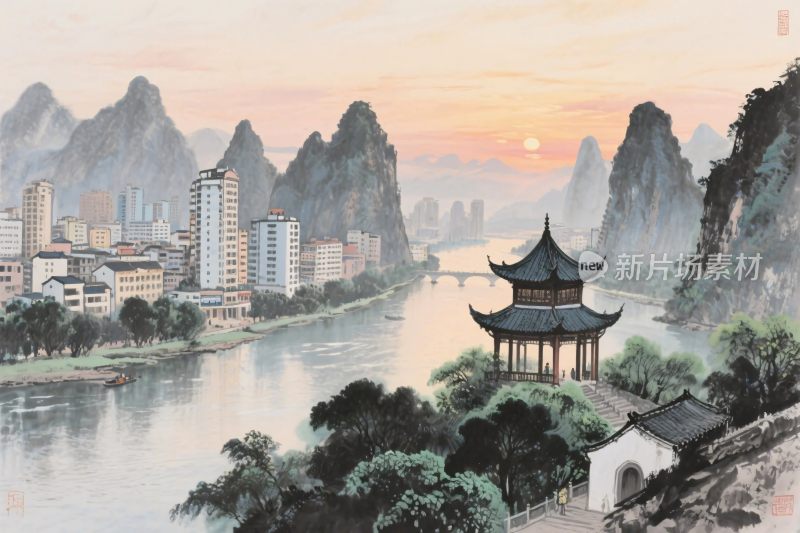 山水古建风光图