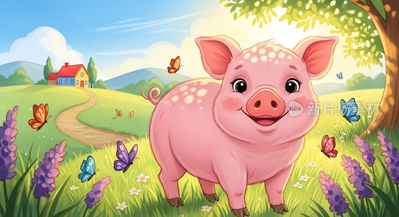 快乐小猪在花丛中嬉戏