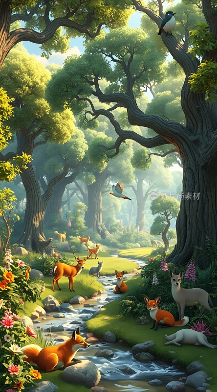 森林秘境动物和谐共处