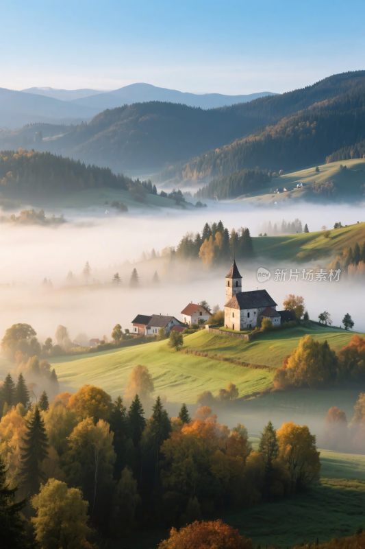 山间晨雾中的美丽村庄