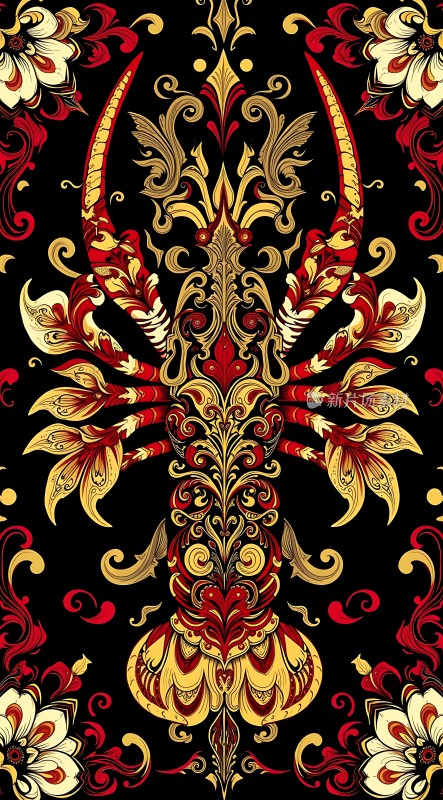 红色与金色交织的华丽龙虾图案