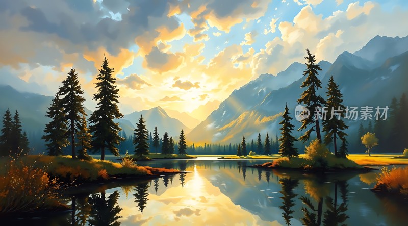 晨曦映照下的宁静湖畔风光