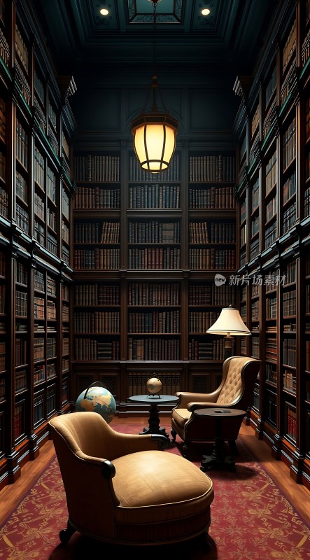 古色古香的书房书架、沙发和地球仪