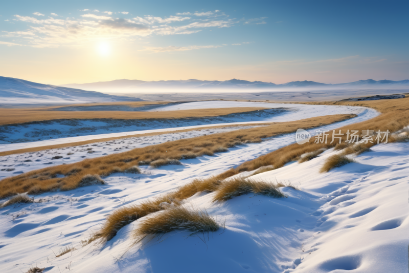 雪景沙漠中央一条蜿蜒的道路高清图片