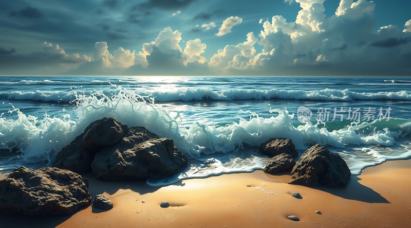 阳光下的海浪与岩石