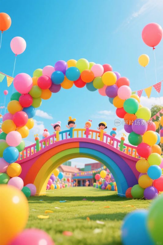 卡通彩色气球拱门场景