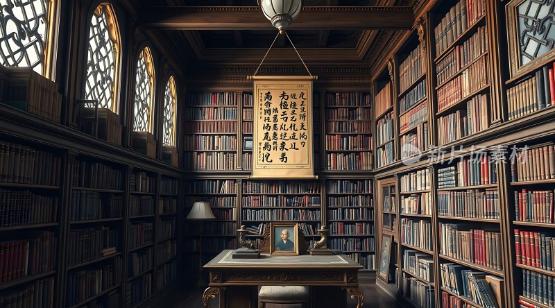 古色古香书房书架、桌椅与书法作品相得益彰