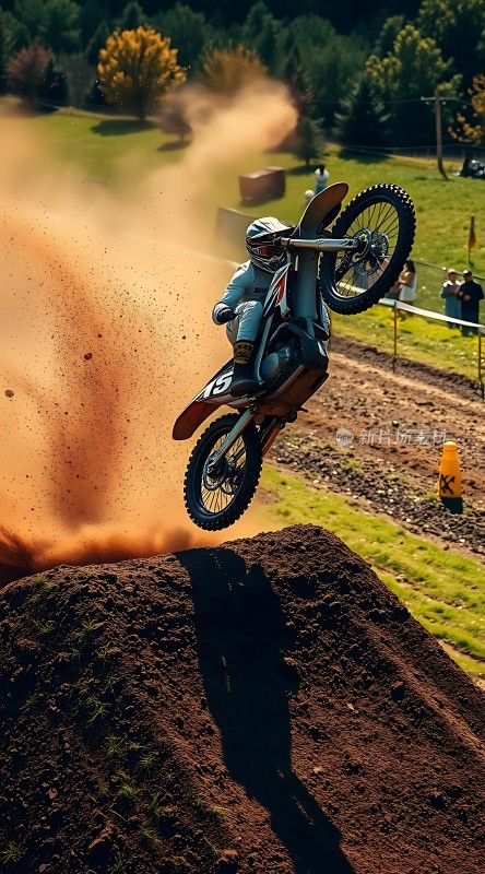 摩托特技表演车手在空中飞跃尘土飞扬