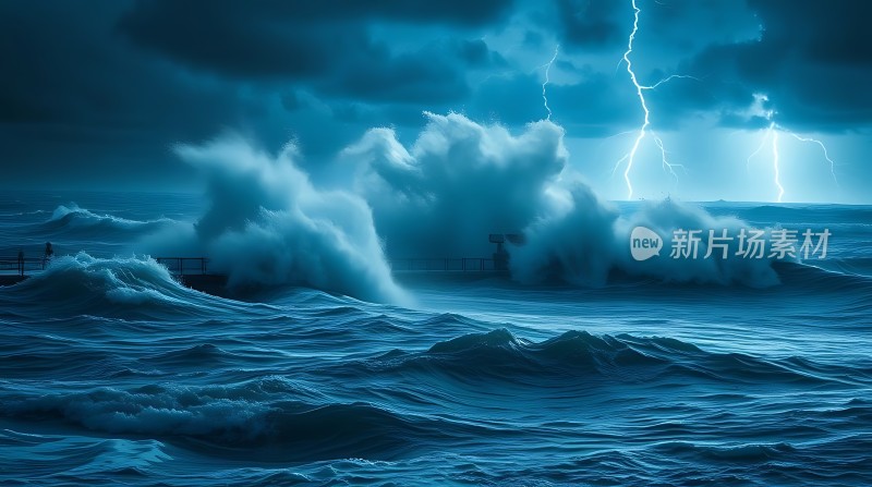 暴风雨中的海浪与闪电