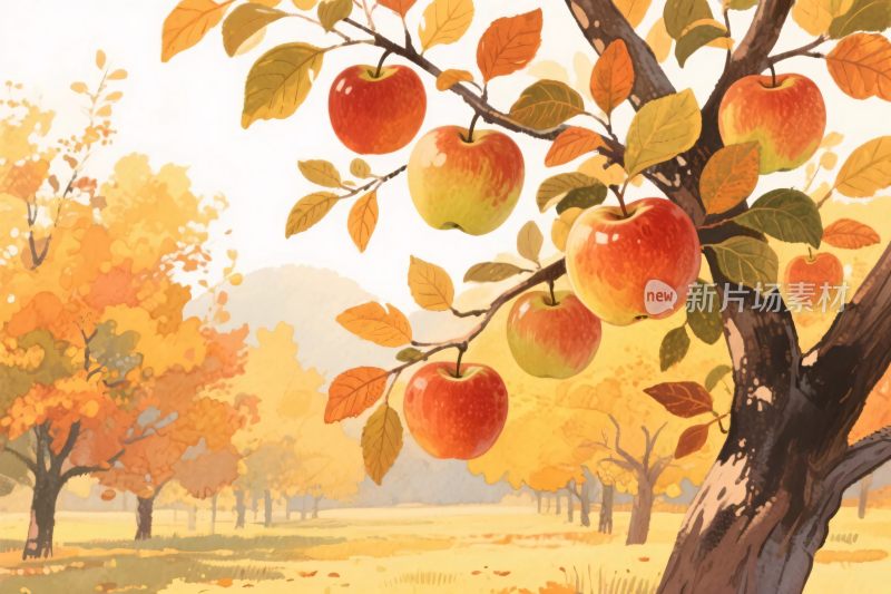 秋日苹果树插画