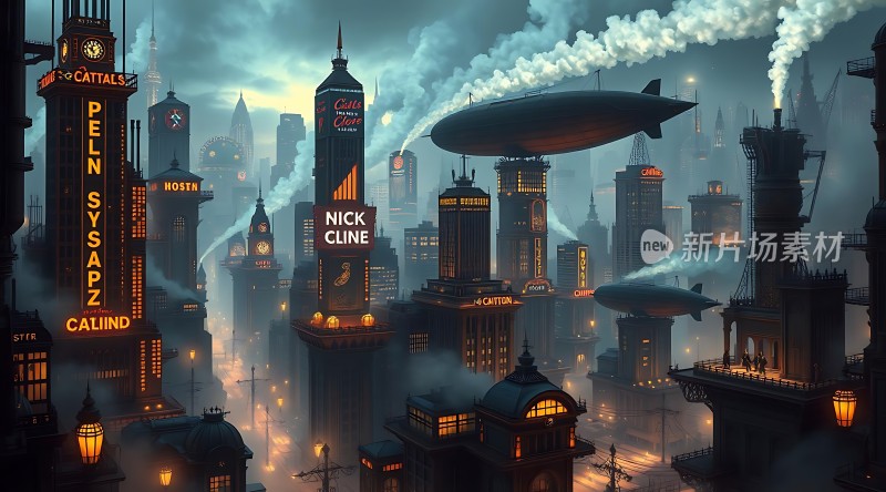 蒸汽朋克城市夜景霓虹灯与飞艇交织的未来世界