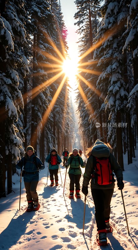阳光下的雪地徒步旅行者