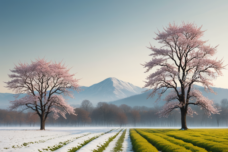 田野里的树木雪和高山清风景图片