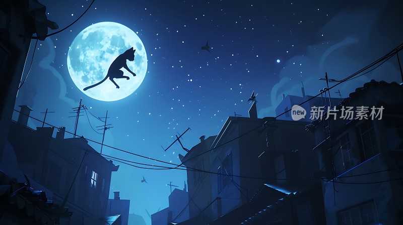 月下飞跃的猫咪