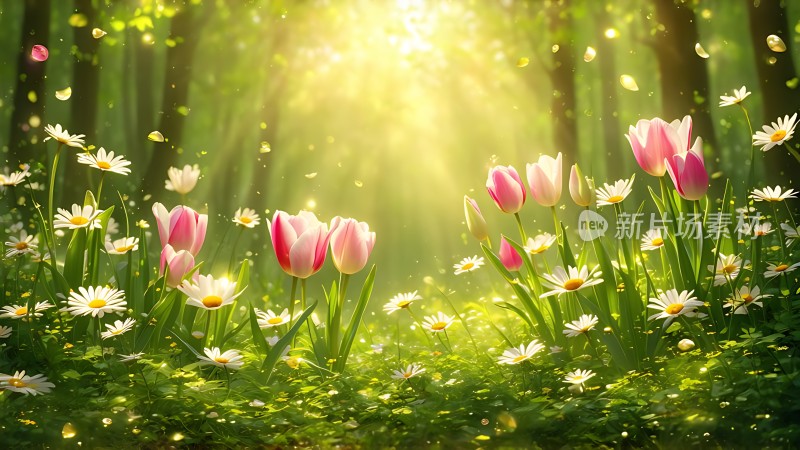 阳光下的郁金香与雏菊