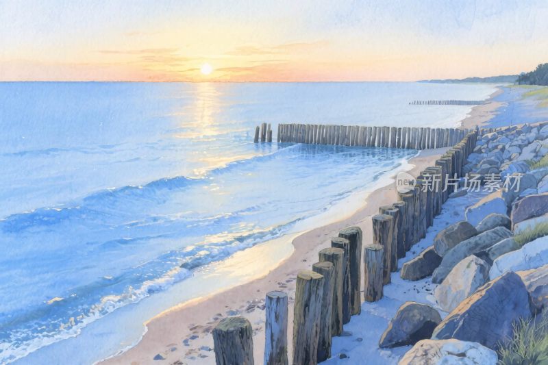 海边日落风景插画